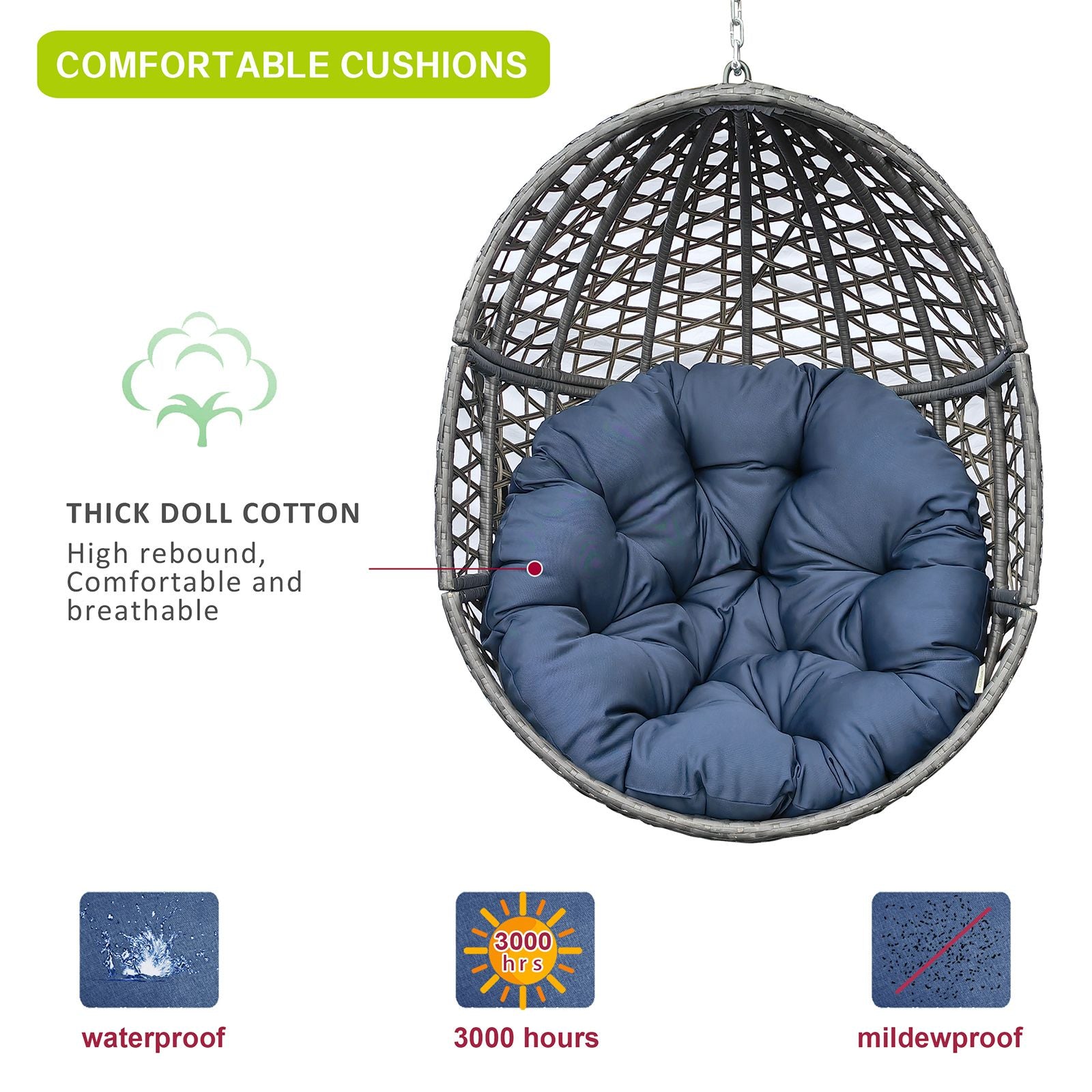 Wicker Hanging Swing Chair; Rattan Hanging Egg Chair with Durable Stand and Waterproof Cushion for Outdoor Garden or Indoor Living Room - Discount Msrp 