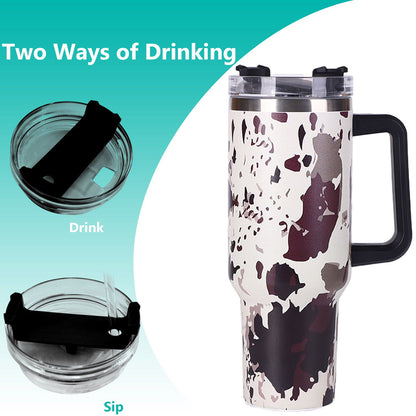 40oz 5D cowprint Insulated Tumbler With Handle And Straw Lid Portable Large Capacity water bottle, Heat preservation,304 Stainless Steel Cup For Outdoor Sports, Travel & Camping Birthday Gift - Discount Msrp 