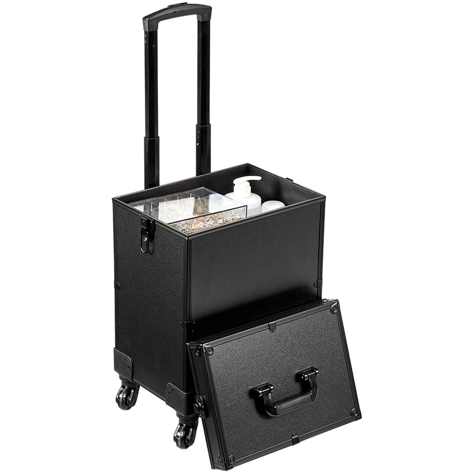 VEVOR 5 in 1 Professional Makeup Train Case Aluminum Cosmetic Case, Rolling Makeup Case Extra Large Trolley Makeup Travel Organizer, with 360° Swivel Wheels & Adjustable Pull Rod, Black - Discount Msrp 