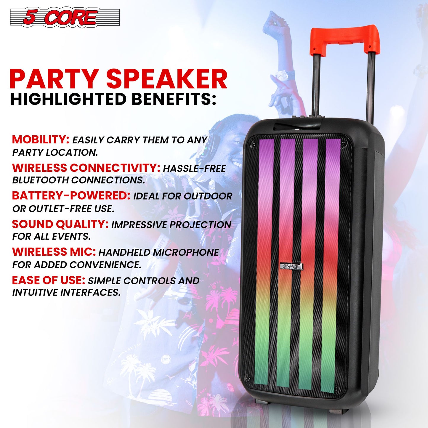 5 Core 8 Inch Bluetooth DJ Speaker 3 Way Boom Box Party Speakers Karaoke Machine Portable PA Bocina for Singing with 2 Wireless Microphone + Light PLB 8X2 2MIC - Discount Msrp 