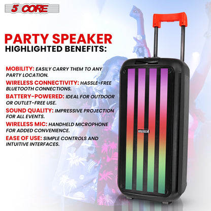 5 Core 8 Inch Bluetooth DJ Speaker 3 Way Boom Box Party Speakers Karaoke Machine Portable PA Bocina for Singing with 2 Wireless Microphone + Light PLB 8X2 2MIC - Discount Msrp 