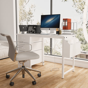 47"office desk with power outlet,3 drawers,Side Pocket, Study Desk Easy to Assemble,Frame stability Reversible for home desk, company computer desk, game table,Vanity table, white - Discount Msrp 