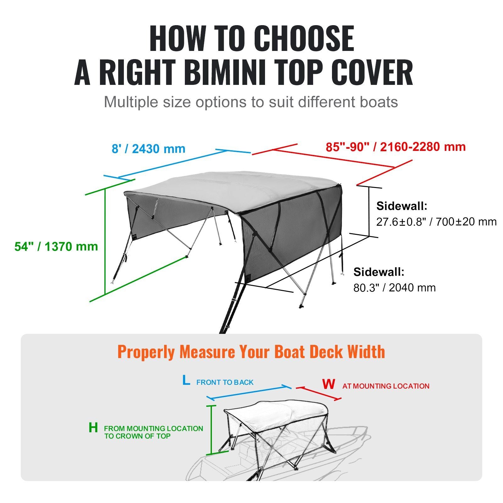 VEVOR 4 Bow Bimini Top Boat Cover, Detachable Mesh Sidewalls, 600D Polyester Canopy with 1" Aluminum Alloy Frame, Includes Storage Boot, 2 Straps, 2 Support Poles, 8'L x 54"H x 85"-90"W, Light Grey - Discount Msrp 
