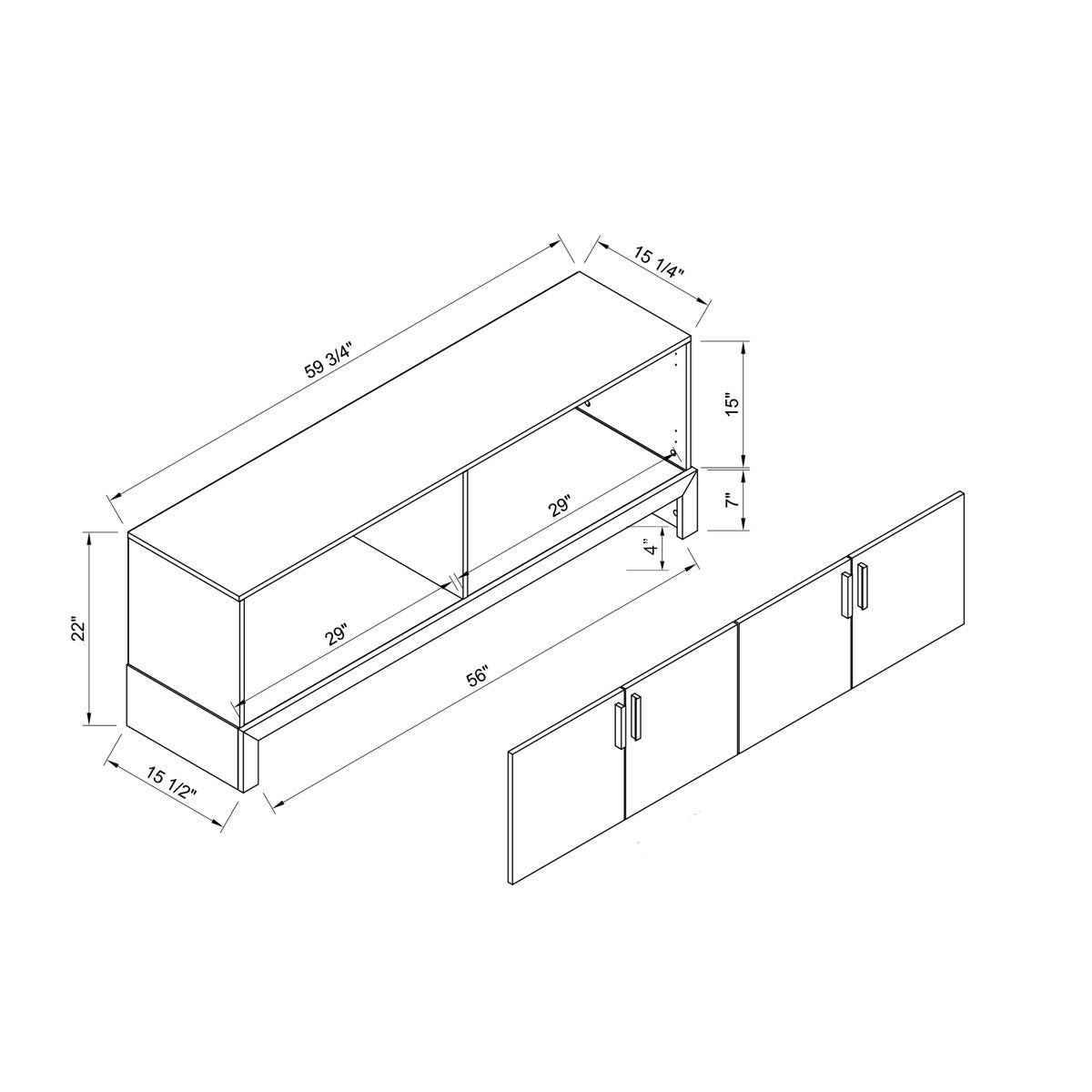 Side Credenza with 4 Doors, Storage Cabinets, 60" TV Stand- White & Distressed Grey - Discount Msrp 