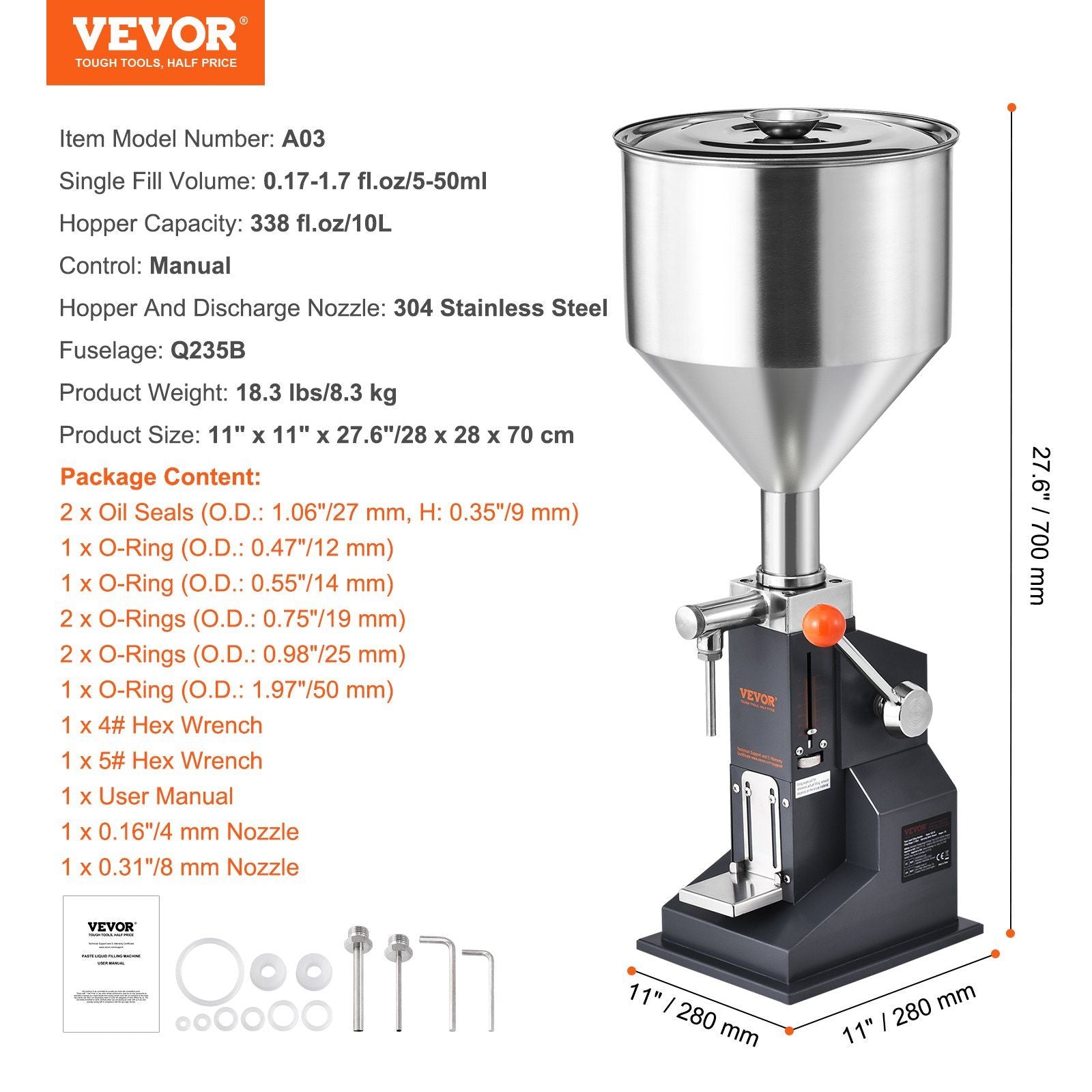 VEVOR Manual Paste Liquid Filling Machine, 5-50ml Bottle Filler, Adjustable Bottle Filling Machine, Stainless Steel Liquid Filler with Hopper for Milk Water Juice Essential Oil Shampoo Cosmetic Honey - Discount Msrp 