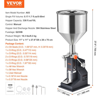 VEVOR Manual Paste Liquid Filling Machine, 5-50ml Bottle Filler, Adjustable Bottle Filling Machine, Stainless Steel Liquid Filler with Hopper for Milk Water Juice Essential Oil Shampoo Cosmetic Honey - Discount Msrp 
