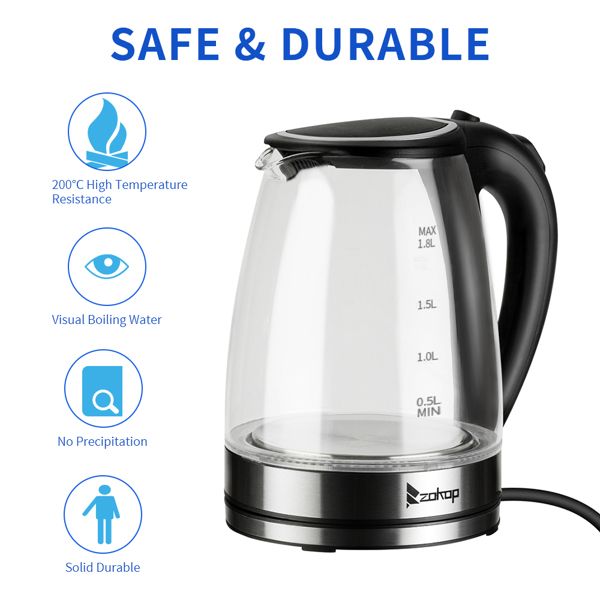 [Old Code: 93541003] ZOKOP HD-1857-A 110V 1200W 1.8L Electric Glass Kettle US Plug - Discount Msrp 