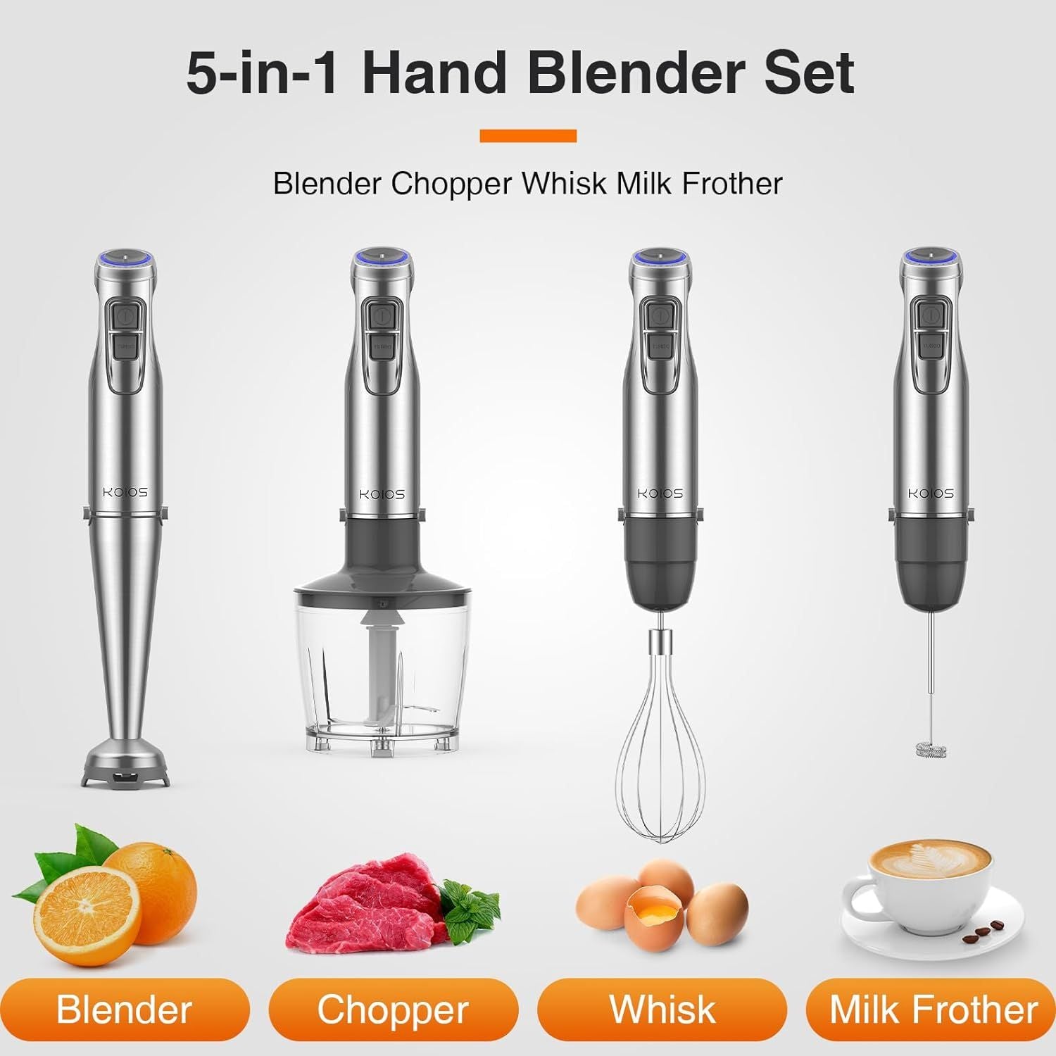 KOIOS 1100W Immersion Hand Blender, Stainless Steel Stick Blender with 12-Speed & Turbo Mode, 5-in-1 Handheld Blender with 600ml Mixing Beaker with Lid, 500ml Chopper, Whisk, Milk Frother, BPA-Free - Discount Msrp 