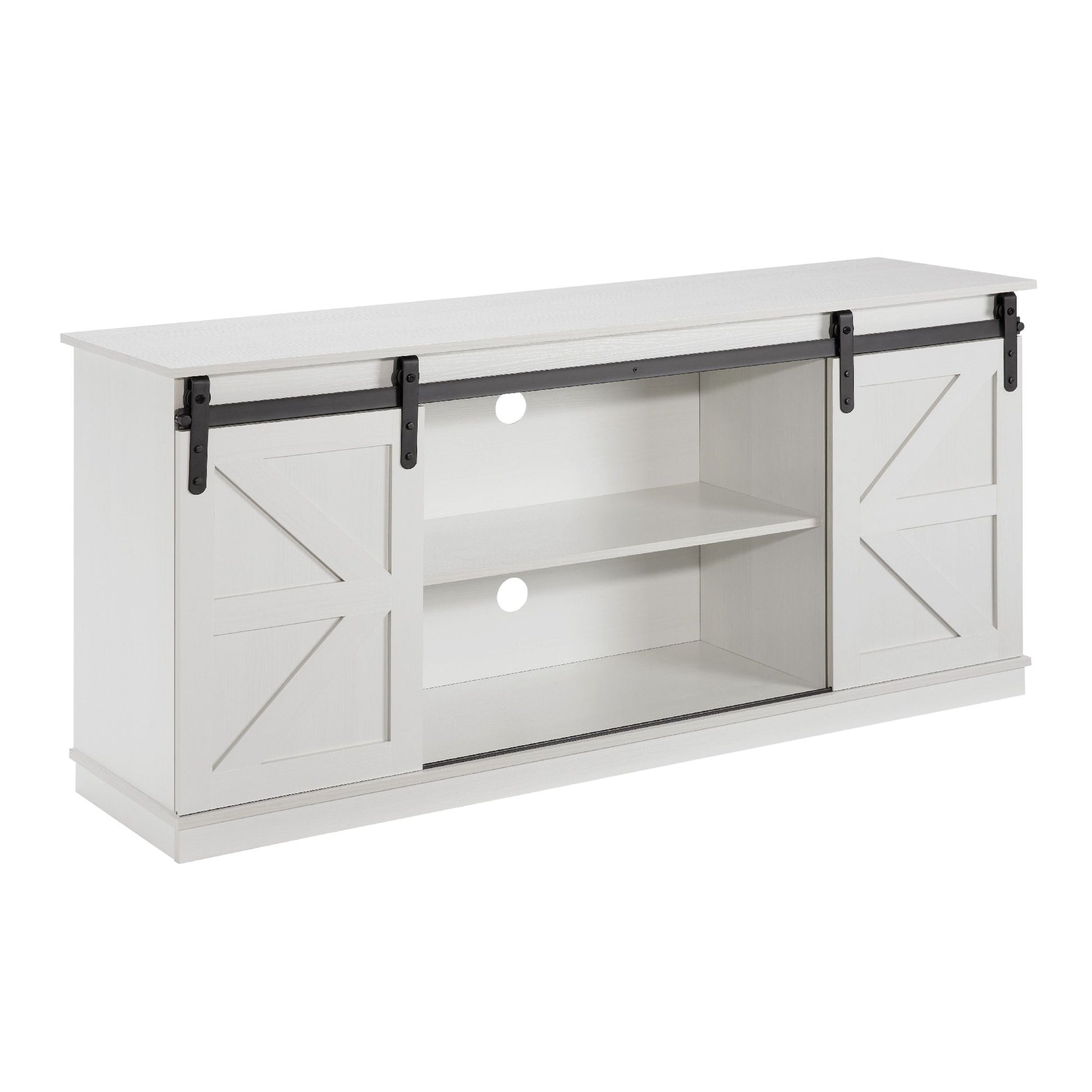 58" Farmhouse TV Stand and Entertainment Center for Televisions up to 65 Inchs,with Sliding Barn Doors and Storage Cabinets,White - Discount Msrp 