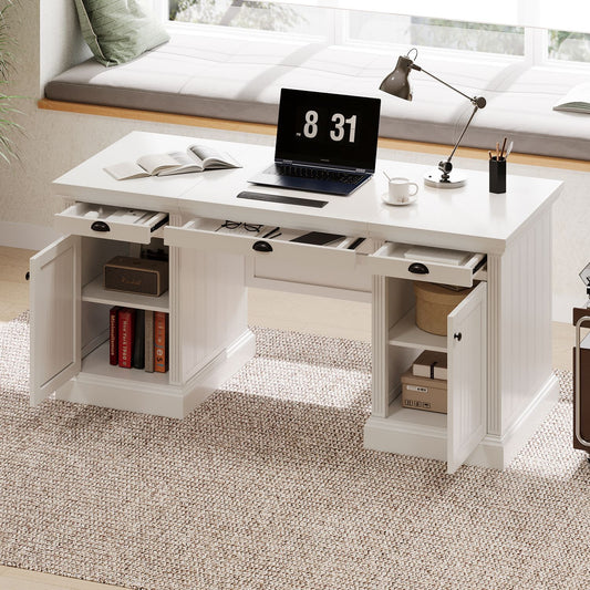 67''Modern Executive Desk,Computer Desk with 2 Storage Cabinet and 3 Drawers, Rectangle Home Office Desk with back ,Reading Desk,Writing Table,Workstation for Home Office,Living Room,study,White - Discount Msrp 