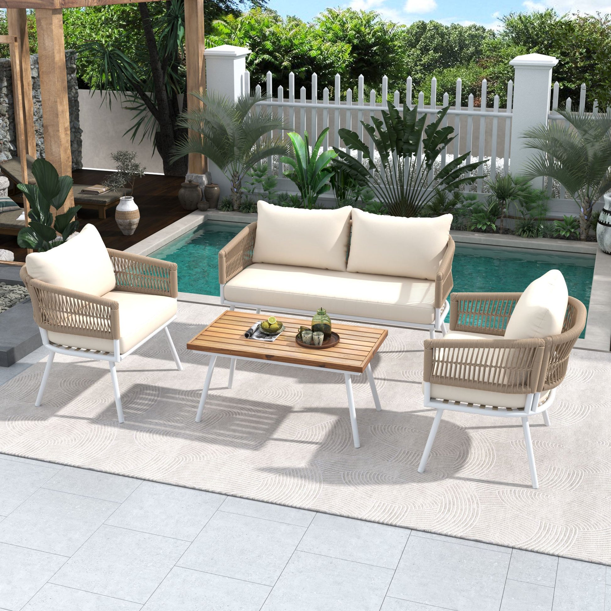 4-Piece Patio Furniture Set, Outdoor Furniture with Acacia Wood Table, Patio Conversation Set with Deep Seating & Thick Cushion for Backyard Porch Balcony - Discount Msrp 