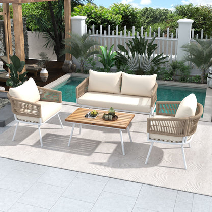 4-Piece Patio Furniture Set, Outdoor Furniture with Acacia Wood Table, Patio Conversation Set with Deep Seating & Thick Cushion for Backyard Porch Balcony - Discount Msrp 