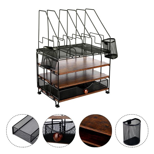 Desktop organizer with file rack, 3-layer paper letter tray organizer with drawers and 2 pen holder, mesh desktop organizer and office supplies storage with magazine rack (black) - Discount Msrp 