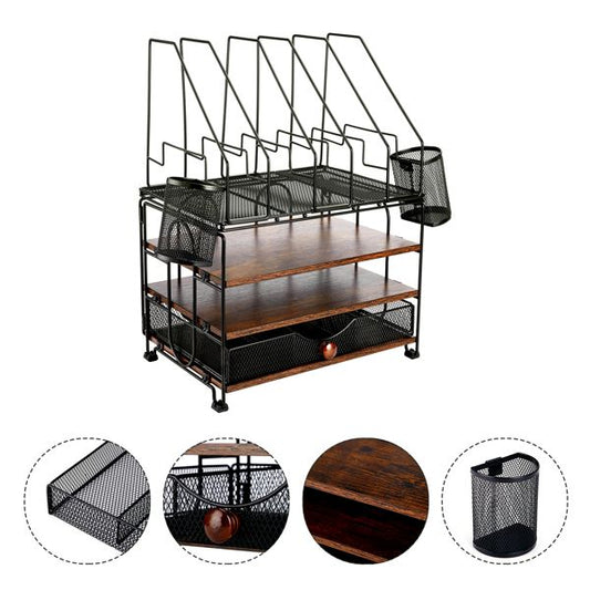 Desktop organizer with file rack, 3-layer paper letter tray organizer with drawers and 2 pen holder, mesh desktop organizer and office supplies storage with magazine rack (black) - Discount Msrp 