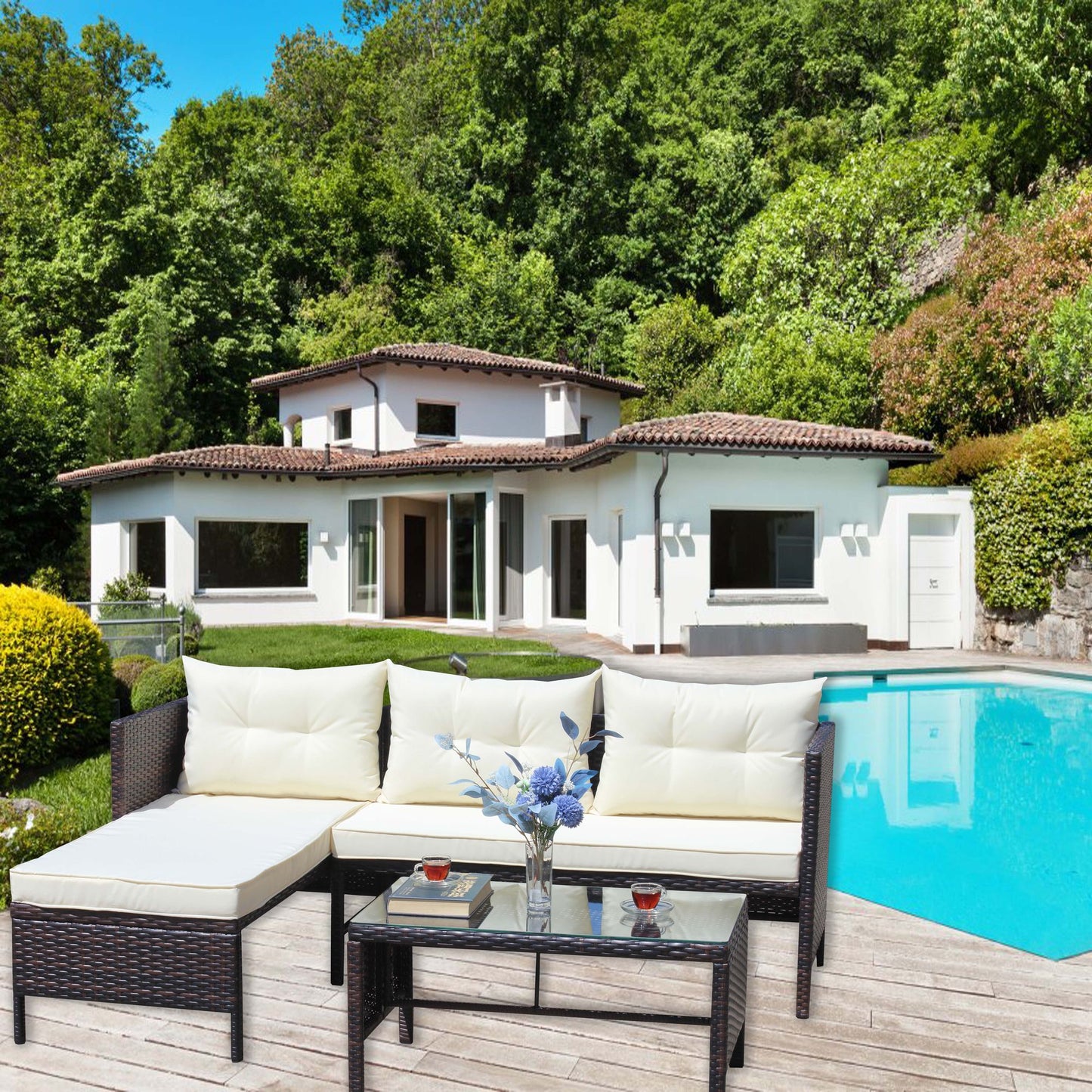 Outdoor patio Furniture sets 3 piece Conversation set wicker Ratten Sectional Sofa With Seat Cushions(Beige Cushion) - Discount Msrp 
