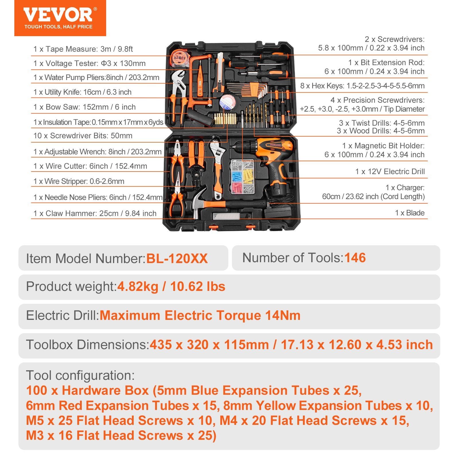 VEVOR Tool Kit, 146 Piece General Household Hand Tool Set, with Electric Drill and Portable Tool Storage Case, High-Quality Steel, for Home Maintenance, DIY Projects, and Automotive Repair - Discount Msrp 