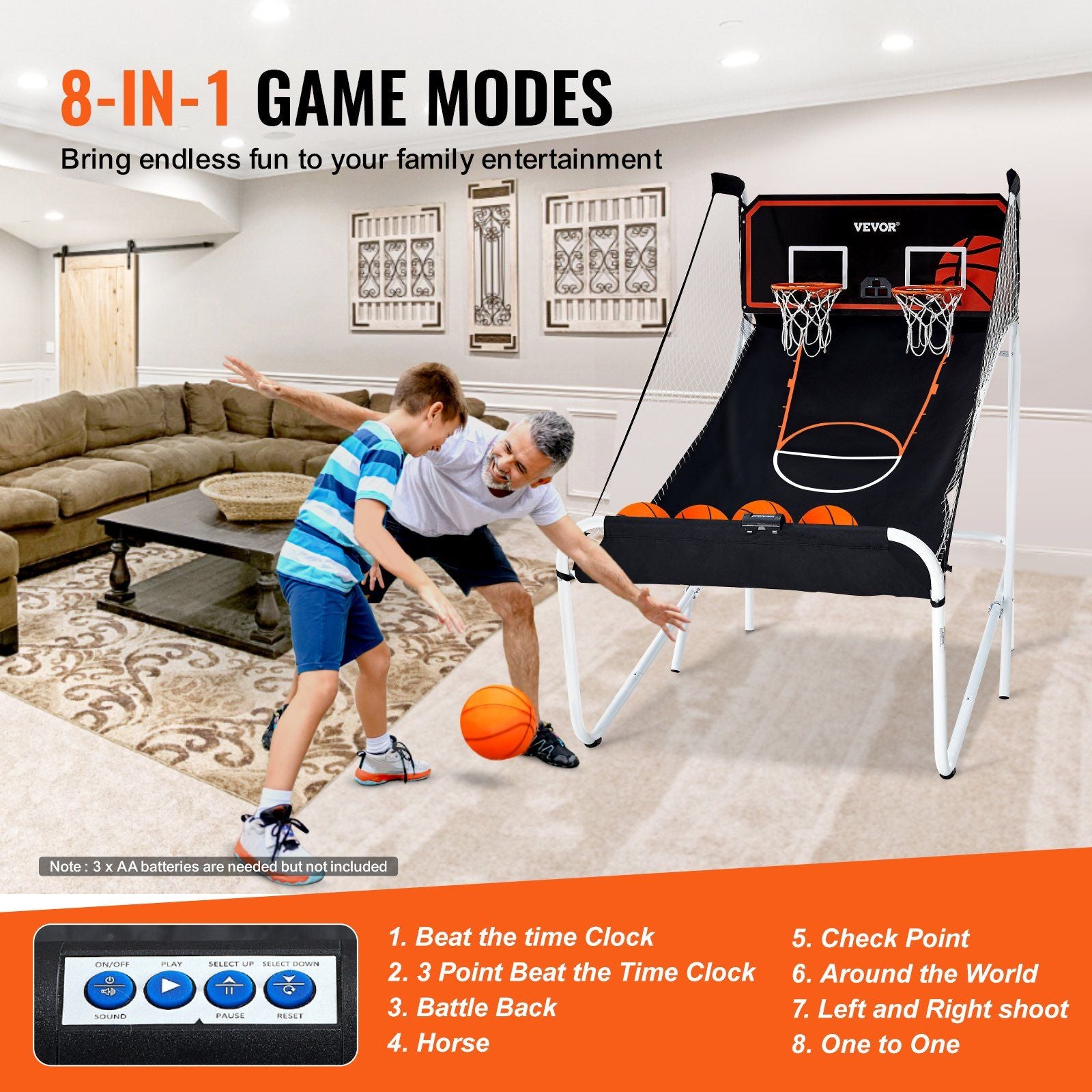 VEVOR Foldable Basketball Arcade Game, 2 Player Indoor Basketball Game, Home Dual Shot Sport with 5 Balls, 8 Game Modes, Electronic Scoreboard, and Inflation Pump, for Kids, Adults (Black & White) - Discount Msrp 