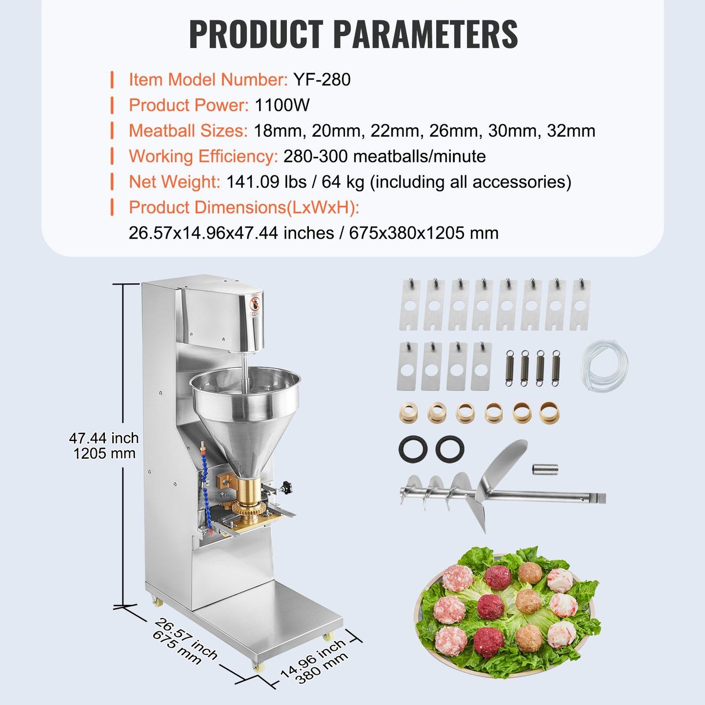 VEVOR Commercial Meatball Forming Machine, 280 PCs/min Automatic Meatball Maker, 1100W Electric Fish Beef Pork Shrimp Ball Making Tool, Stainless Steel Meatball Former with 18/20/22/26/30/32 mm Models - Discount Msrp 