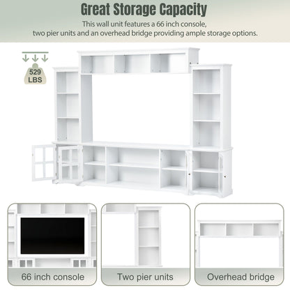 [VIDEO provided] ON-TREND Minimalism Entertainment Wall Unit with Bridge, Modern TV Console Table for TVs Up to 70", Multifunctional TV Stand with Tempered Glass Door, White (Old SKU: SD000009AAK) - Discount Msrp 