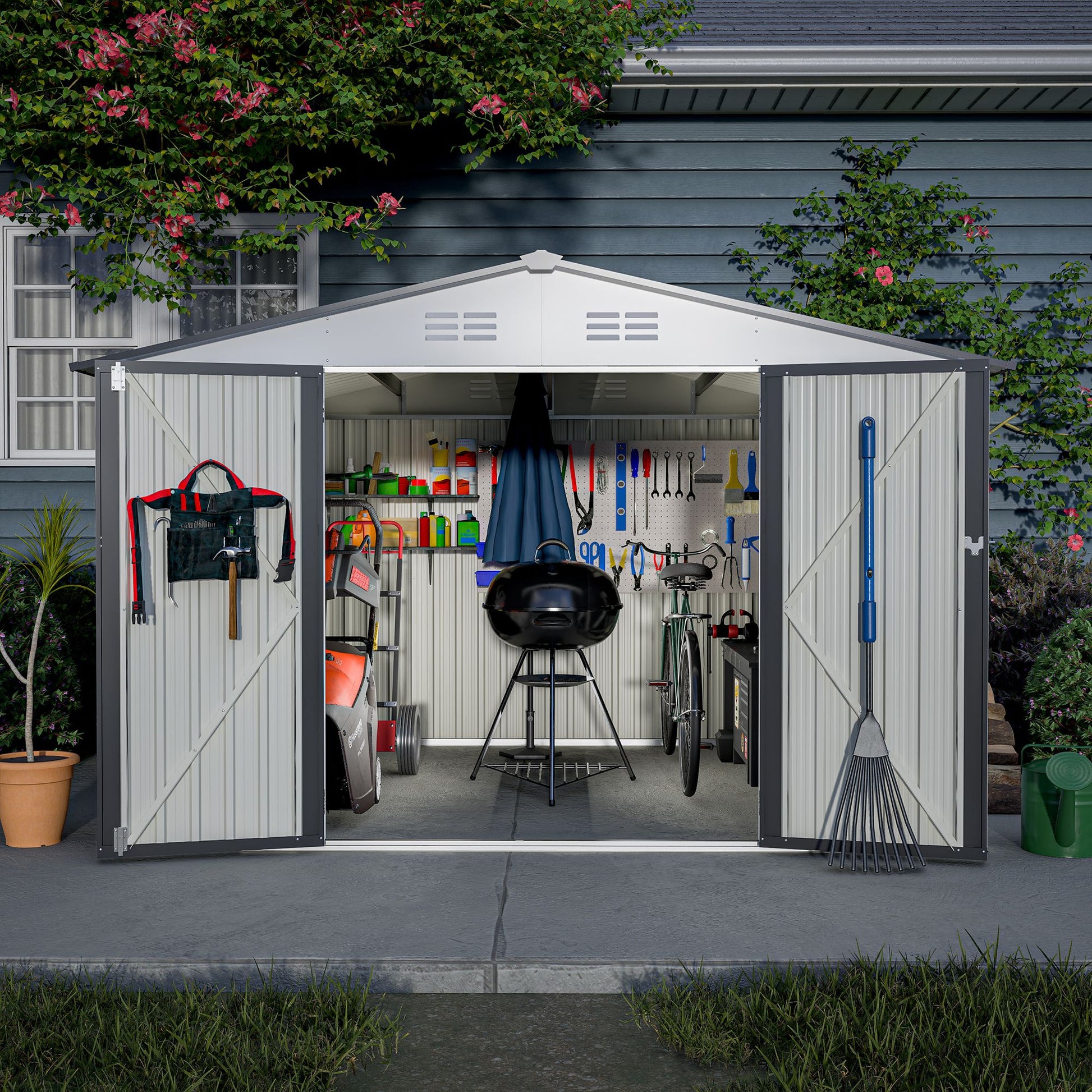 10X8 FT Outdoor Storage Shed, All Weather Metal Sheds with Lockable Doors, Tool Shed for Garden, Patio, Backyard, Lawn, Grey - Discount Msrp 