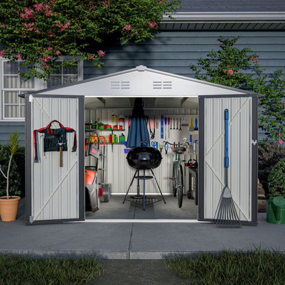 10X8 FT Outdoor Storage Shed, All Weather Metal Sheds with Lockable Doors, Tool Shed for Garden, Patio, Backyard, Lawn, Grey - Discount Msrp 