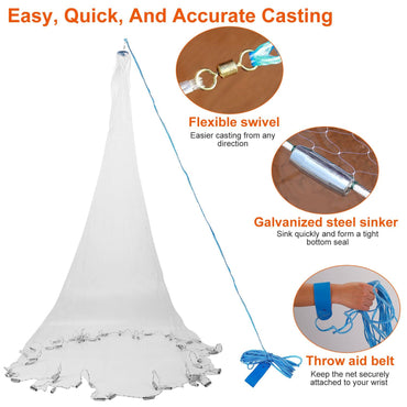 Fishing Cast Net Bait Trap Easy Throw Heavy Duty Hand Cast Net with Chain Sinker Bottom Spread - Discount Msrp 