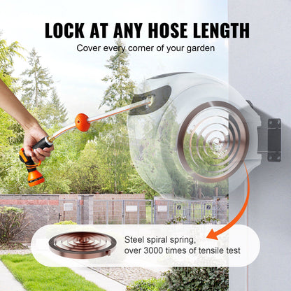 VEVOR Retractable Hose Reel Water Hose Reel 100'x1/2" 180° Swivel Wall-Mounted,Garden Water Hose Reel with 9-Pattern Nozzle,Automatic Rewind, Lock at Any Length, with Slow Return System - Discount Msrp 
