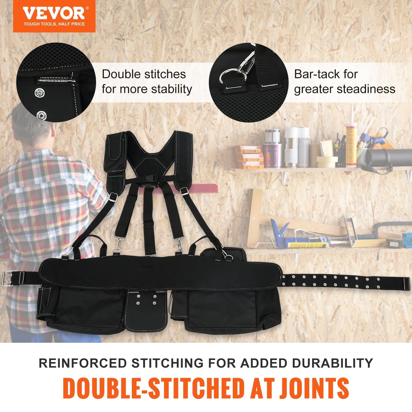 VEVOR Tool Belt with Suspenders, 29 Pockets, 29-54 inches Adjustable Waist Size, Tool Belts for Men, 600D Polyester Heavy Duty Carpenter Tool Pouch for Carpenters, Electricians, and Gardening, Black - Discount Msrp 