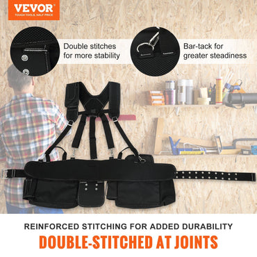 VEVOR Tool Belt with Suspenders, 29 Pockets, 29-54 inches Adjustable Waist Size, Tool Belts for Men, 600D Polyester Heavy Duty Carpenter Tool Pouch for Carpenters, Electricians, and Gardening, Black - Discount Msrp 