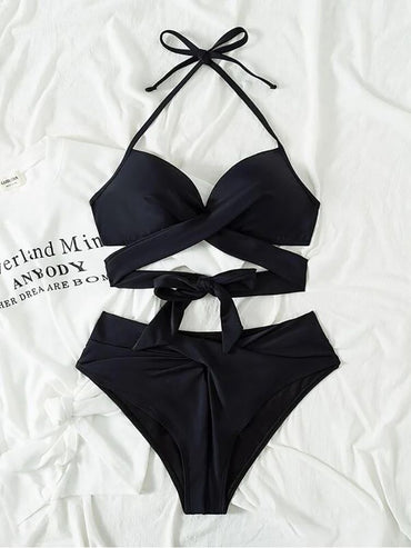 Sexy Push Up Bikini 2023 Solid High Waist Swimsuit Women Criss Cross Bandage Bikini Set Female Beachwear Bathing Suit biquini - Discount Msrp 
