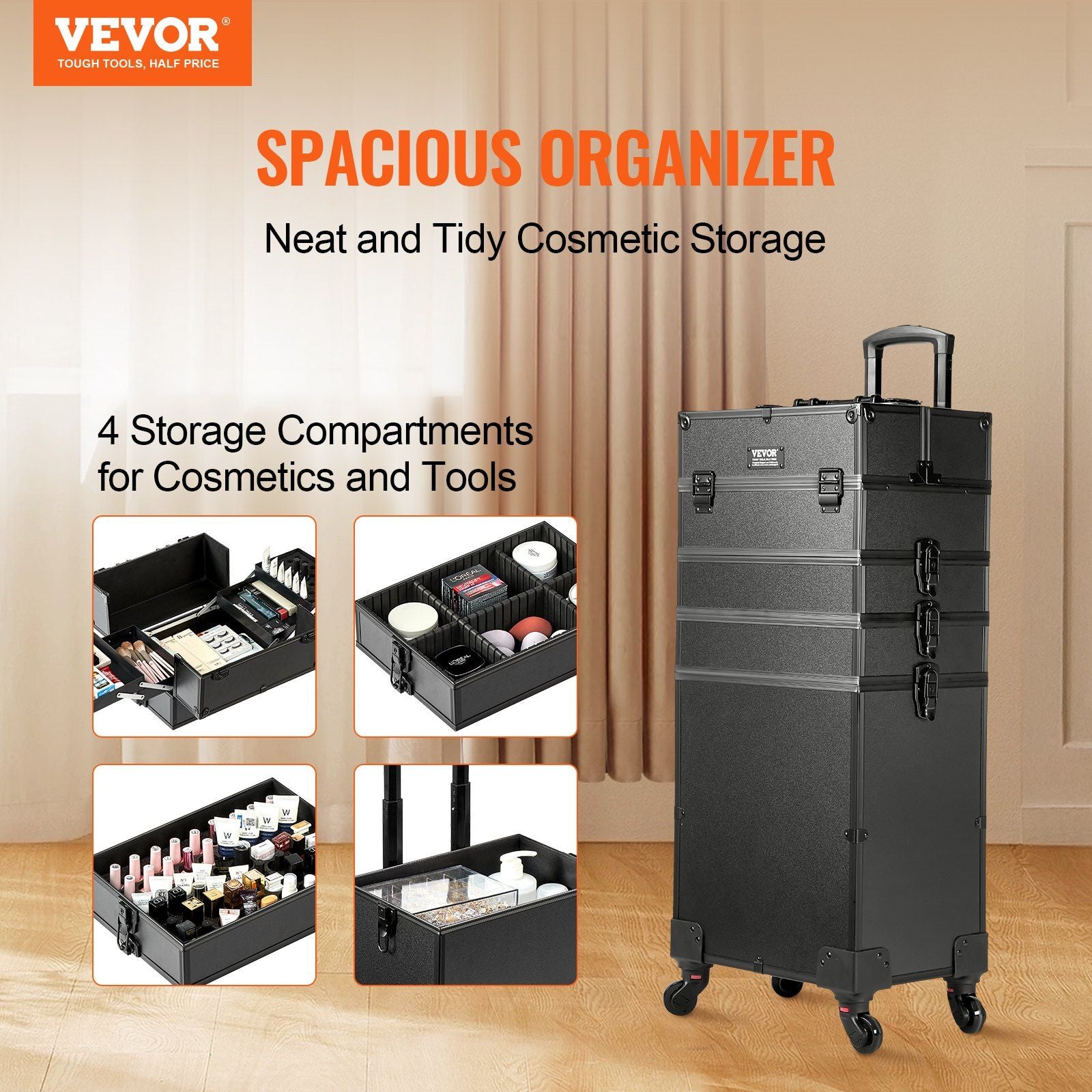 VEVOR 5 in 1 Professional Makeup Train Case Aluminum Cosmetic Case, Rolling Makeup Case Extra Large Trolley Makeup Travel Organizer, with 360° Swivel Wheels & Adjustable Pull Rod, Black - Discount Msrp 