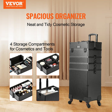 VEVOR 5 in 1 Professional Makeup Train Case Aluminum Cosmetic Case, Rolling Makeup Case Extra Large Trolley Makeup Travel Organizer, with 360° Swivel Wheels & Adjustable Pull Rod, Black - Discount Msrp 