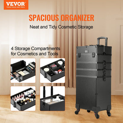 VEVOR 5 in 1 Professional Makeup Train Case Aluminum Cosmetic Case, Rolling Makeup Case Extra Large Trolley Makeup Travel Organizer, with 360° Swivel Wheels & Adjustable Pull Rod, Black - Discount Msrp 