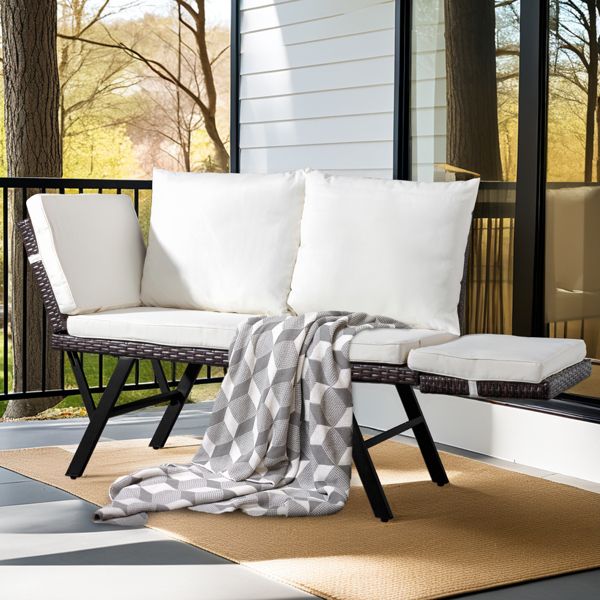 Outdoor Sofa, Woven Rattan Patio Furniture, Convertible Daybed or Double Chair with Adjustable Armrests, Cushions and Pillows for Yard Porch Pool, Gray Lounger & Beige Cushion - Discount Msrp 