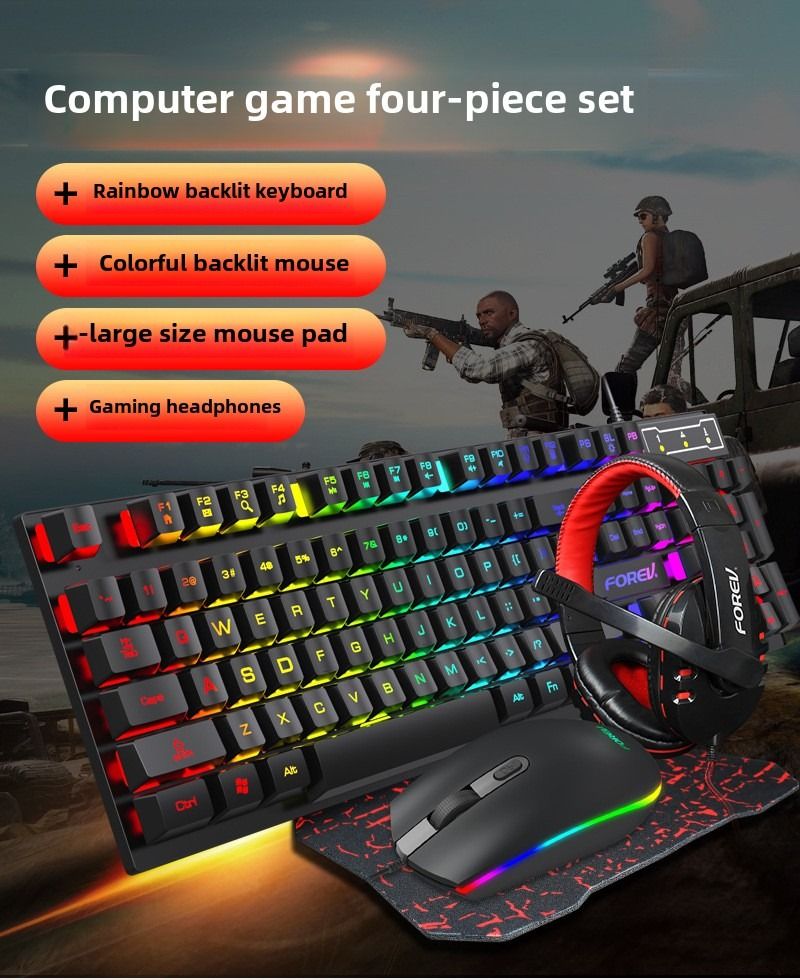 Wired four-piece set set of keyboard and mouse headset mouse pad keyboard set gaming game computer keyboard - Discount Msrp 