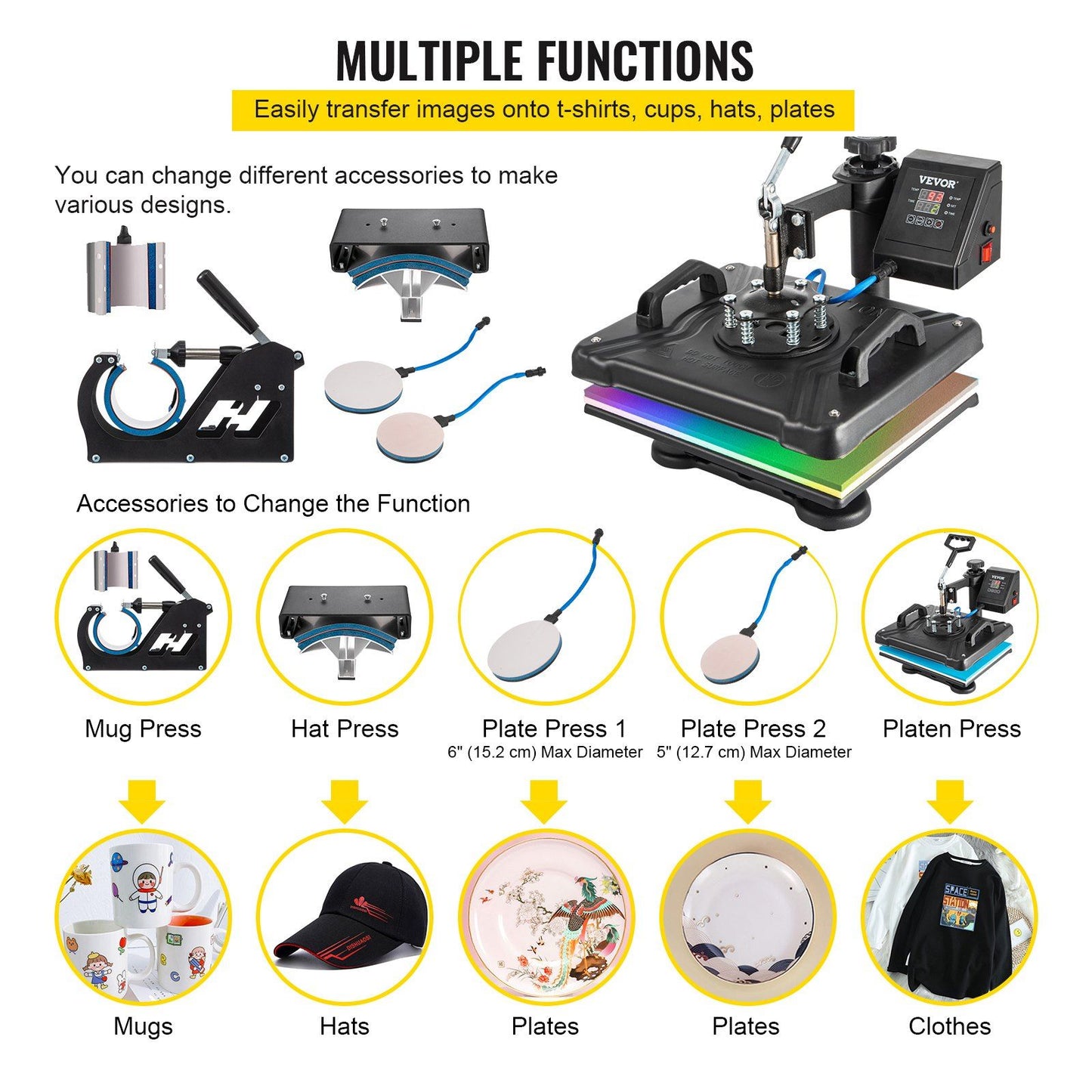 VEVOR Heat Press Machine, 12X15 Inch 6 in 1 Combo Digital Multifunctional Sublimation Heat Transfer Machine, 360 Degree Rotation Swing Away Heat Press for Printing T Shirts Hat Mug Cap Plate 1050W - Discount Msrp 