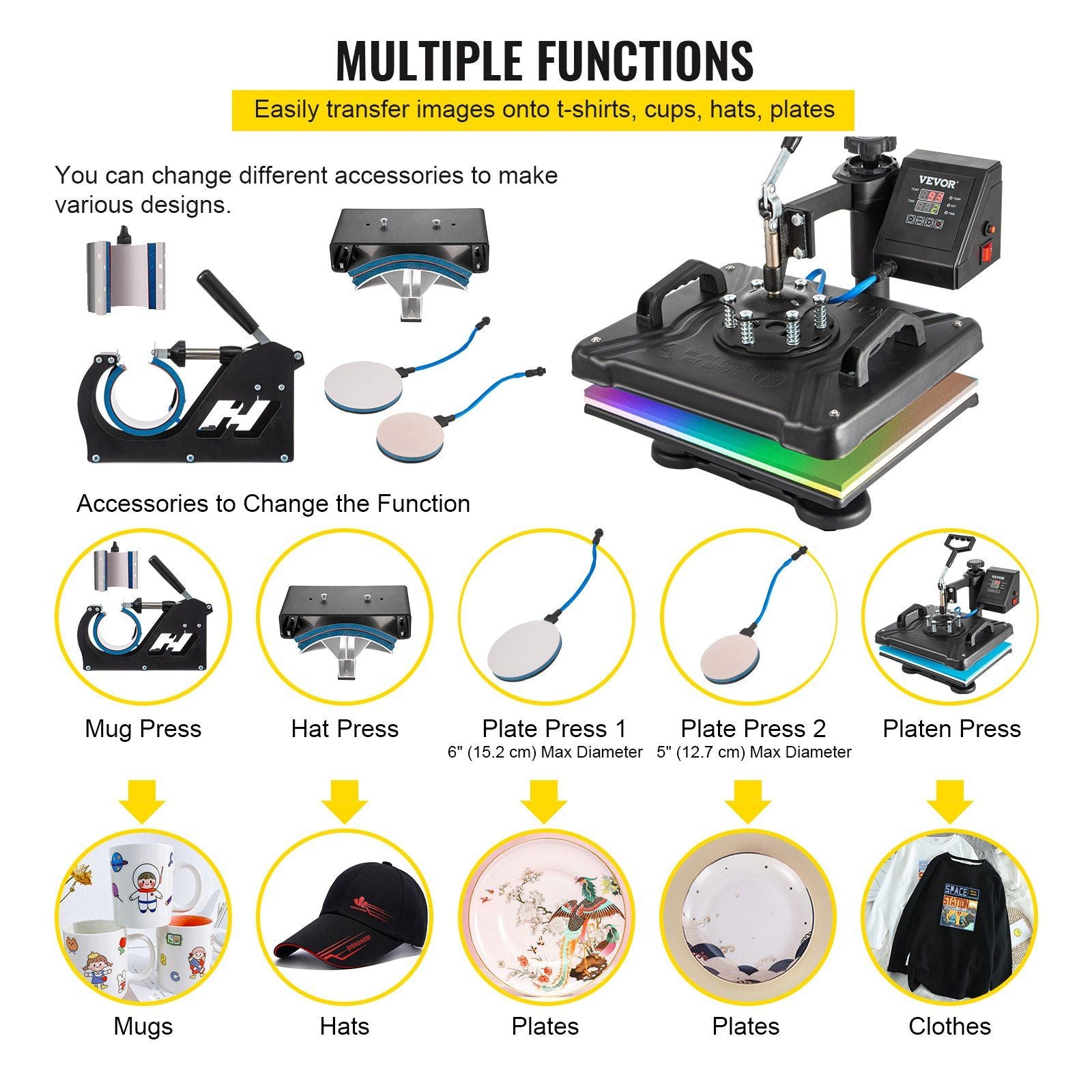 VEVOR Heat Press Machine, 12X15 Inch 6 in 1 Combo Digital Multifunctional Sublimation Heat Transfer Machine, 360 Degree Rotation Swing Away Heat Press for Printing T Shirts Hat Mug Cap Plate 1050W - Discount Msrp 