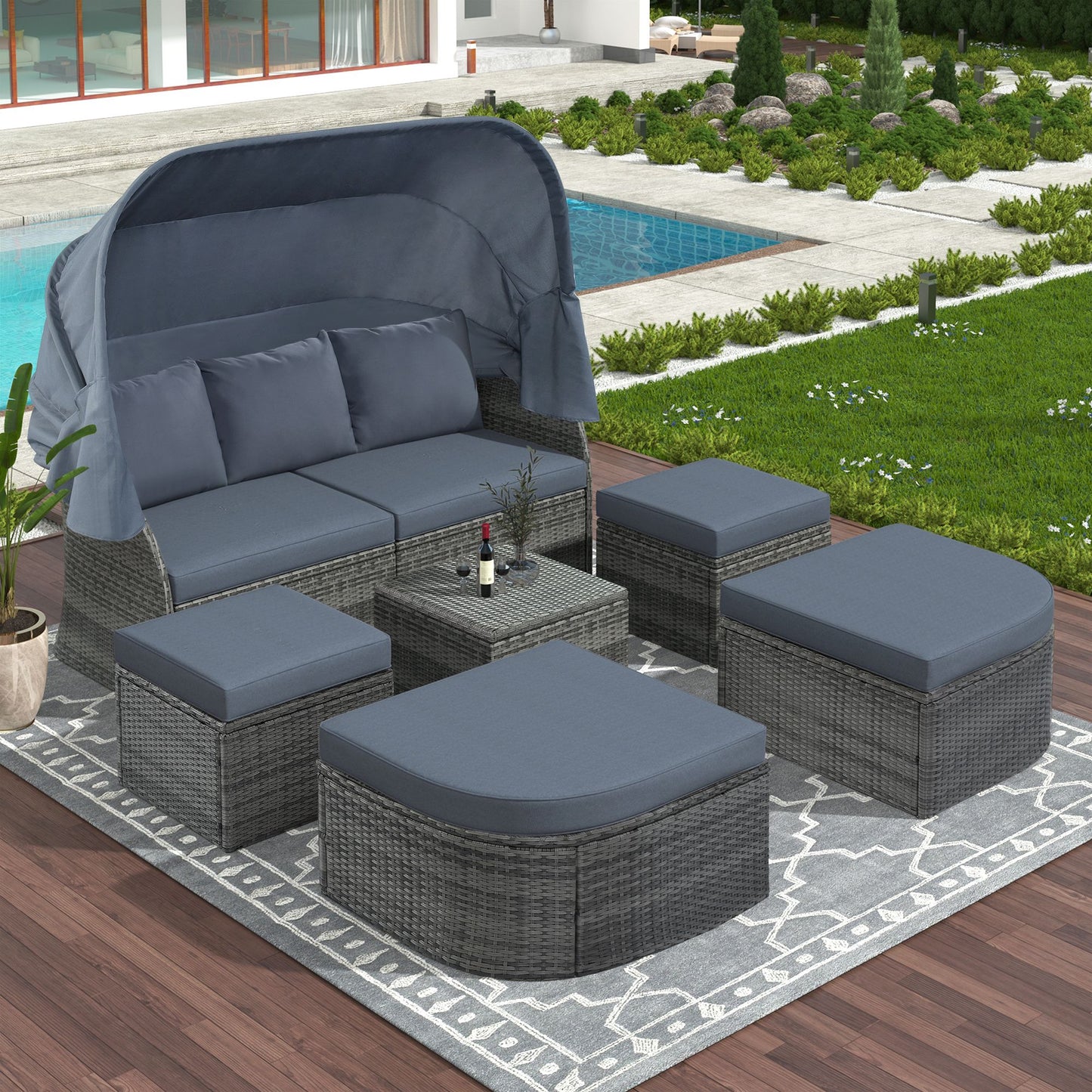 Outdoor Patio Furniture Set Daybed Sunbed with Retractable Canopy Conversation Set Wicker Furniture - Discount Msrp 