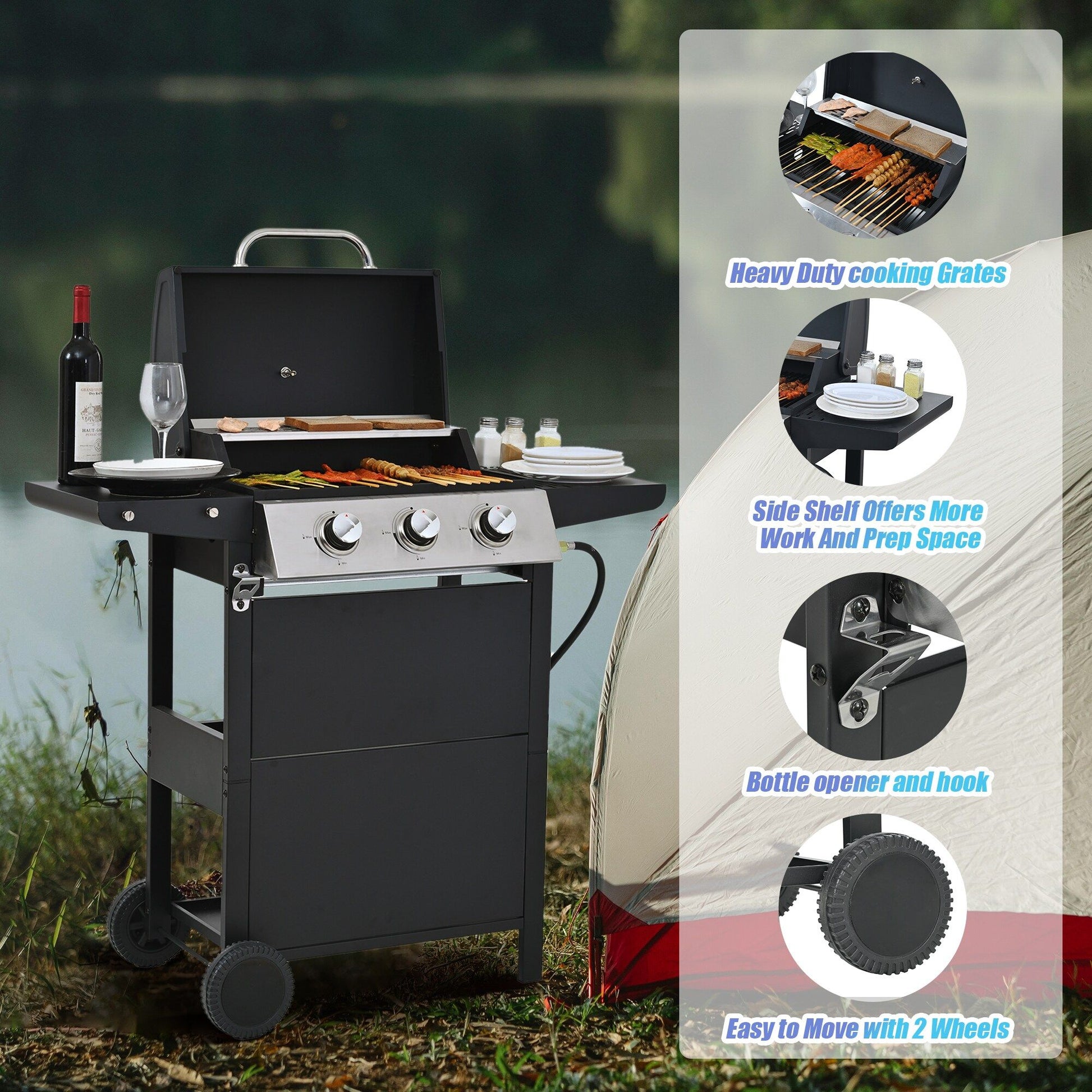 Propane Gas Grill 3 Burner Barbecue Grill, Stainless Steel 26,000 BTU Patio Garden Barbecue Grill with Two Shelves, Lid, Wheels and Bottle Opener - Discount Msrp 