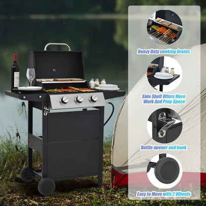 Propane Gas Grill 3 Burner Barbecue Grill, Stainless Steel 26,000 BTU Patio Garden Barbecue Grill with Two Shelves, Lid, Wheels and Bottle Opener - Discount Msrp 