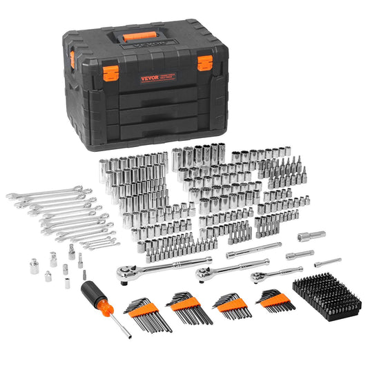 VEVOR Mechanics Tool Set and Socket Set, 1/4" 3/8" 1/2" Drive Deep and Standard Sockets, 450 Pcs SAE and Metric Mechanic Tool Kit with Bits, Hex Wrenches, Combination Wrench, Accessories, Storage Case - Discount Msrp 