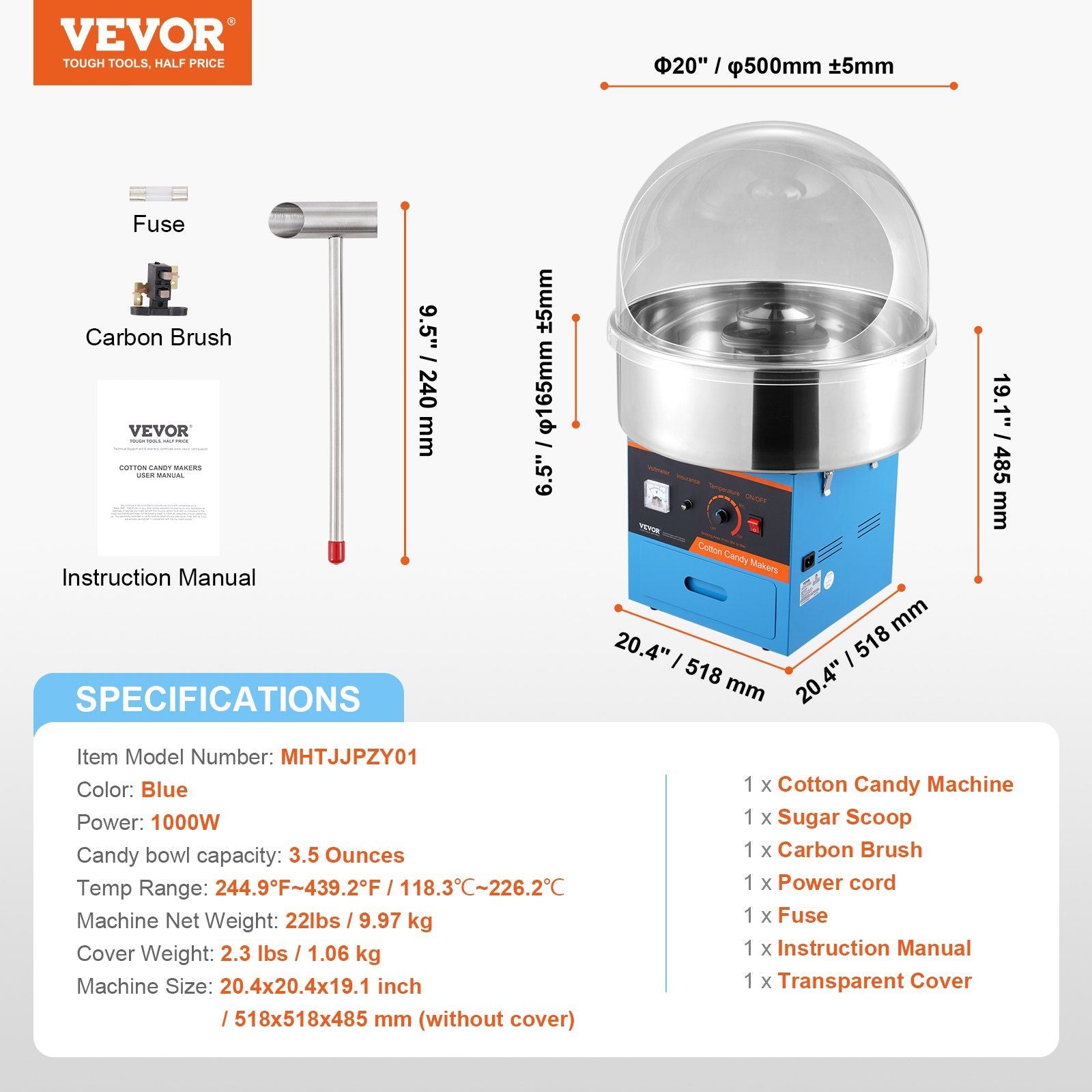 VEVOR Electric Cotton Candy Machine, 1000W Candy Floss Maker, Commercial Cotton Candy Machine with Cover, Stainless Steel Bowl, Sugar Scoop, Drawer, Perfect for Home Kids Birthday, Family Party, Blue - Discount Msrp 