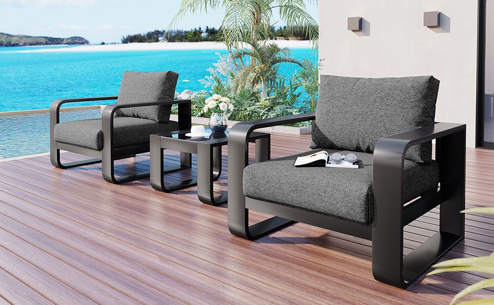 3-pieces Aluminum Frame Patio Furniture With 6.7" Thick Cushion And Coffee Table, All Weather Use Olefin fabric Outdoor Chair - Discount Msrp 