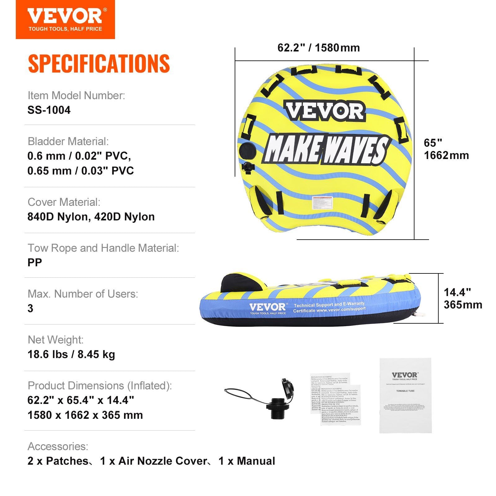 VEVOR Towable Tube for Boating, 1-3 Riders Inflatable Towable Tube with Bumper Fins, 510 lbs Water Sport Towable Tubes for Boats to Pull, Full Nylon Cover, EVA Grab Handles and Speed Safety Valve - Discount Msrp 