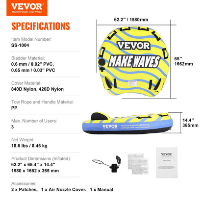 VEVOR Towable Tube for Boating, 1-3 Riders Inflatable Towable Tube with Bumper Fins, 510 lbs Water Sport Towable Tubes for Boats to Pull, Full Nylon Cover, EVA Grab Handles and Speed Safety Valve - Discount Msrp 