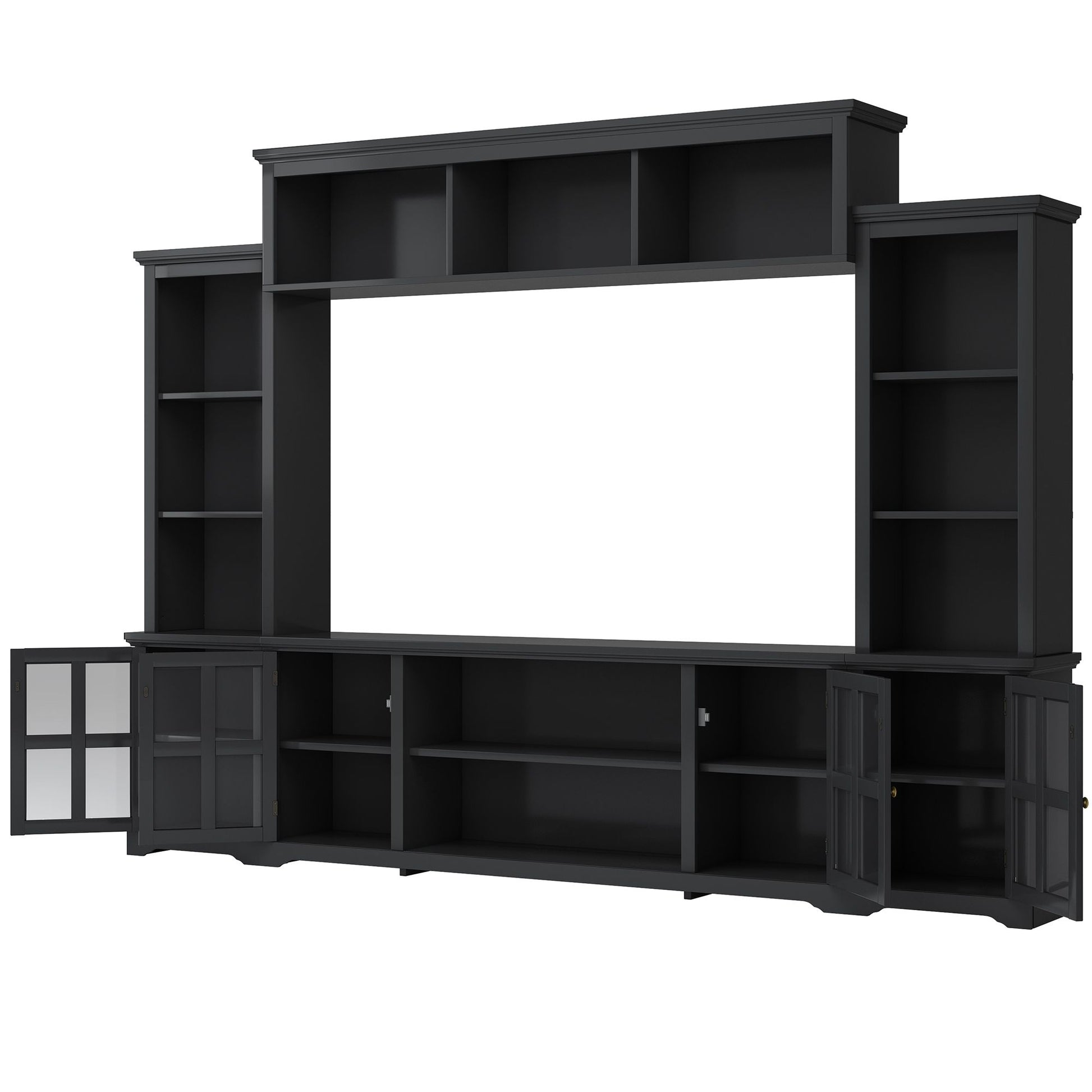 [VIDEO provided] ON-TREND Minimalism Entertainment Wall Unit with Bridge, Modern TV Console Table for TVs Up to 70", Multifunctional TV Stand with Tempered Glass Door, Black (Old SKU: SD000009AAB) - Discount Msrp 