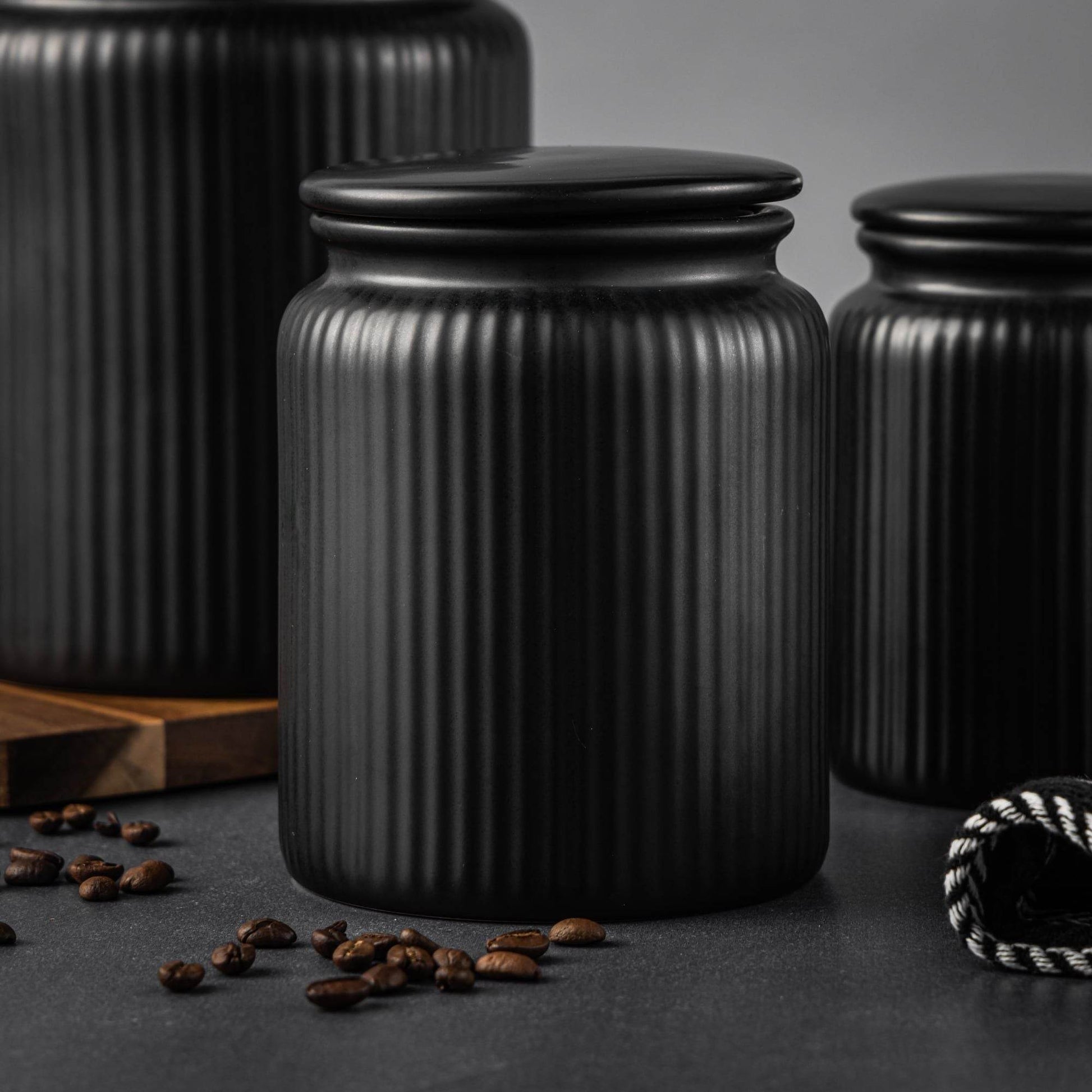 (2 pack) Medium (815mL) Ceramic Ribbed Kitchen Organization Jar, Black - Discount Msrp 