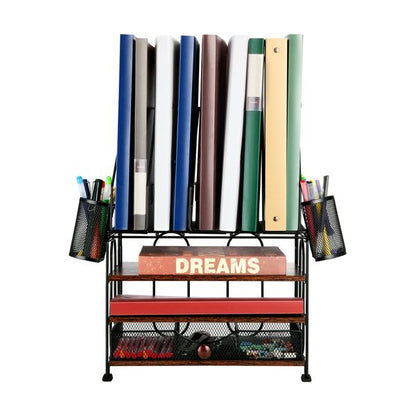 Desktop organizer with file rack, 3-layer paper letter tray organizer with drawers and 2 pen holder, mesh desktop organizer and office supplies storage with magazine rack (black) - Discount Msrp 