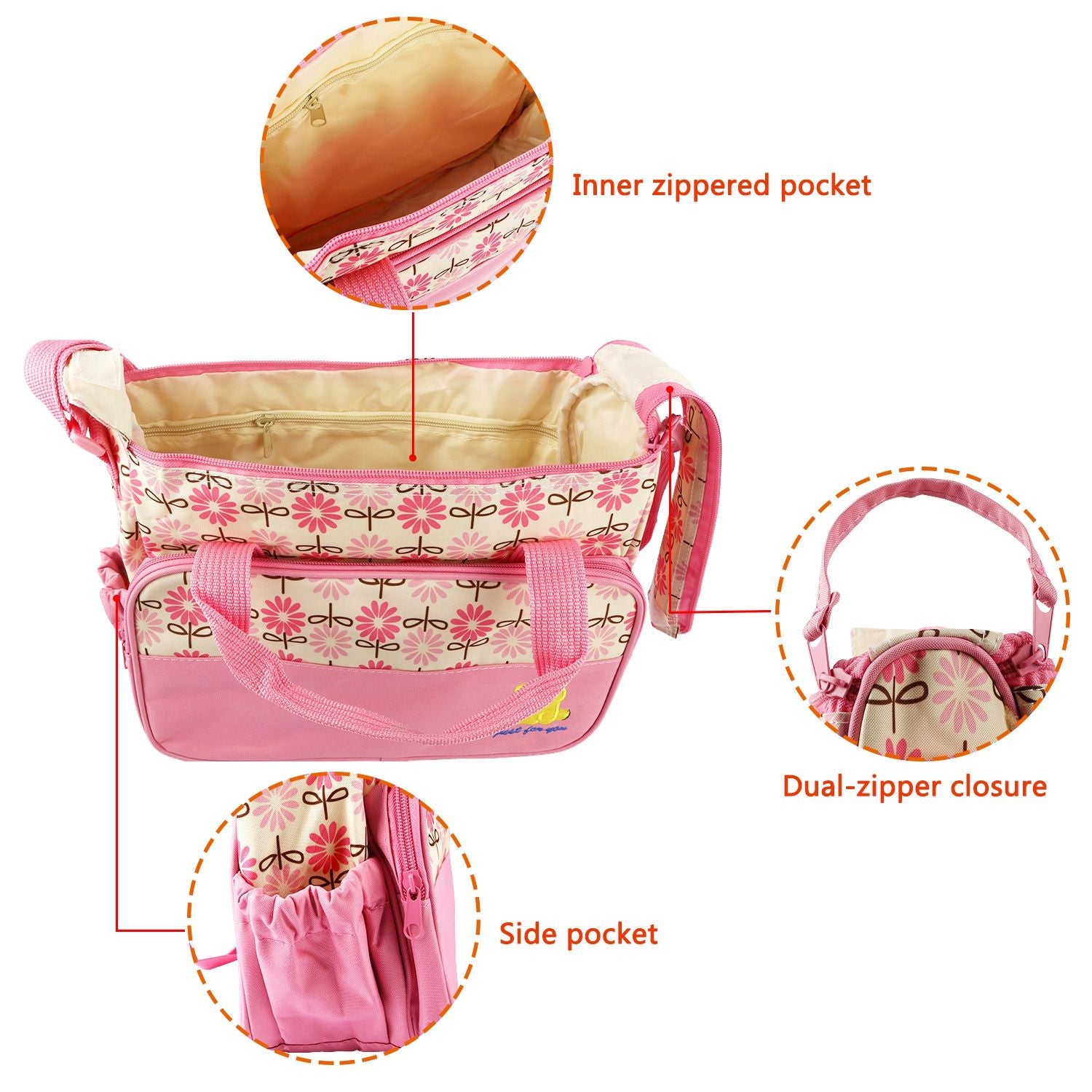 5PCS Baby Nappy Diaper Bags Set Mummy Diaper Shoulder Bags w/ Nappy Changing Pad Insulated Pockets Travel Tote Bags - Discount Msrp 
