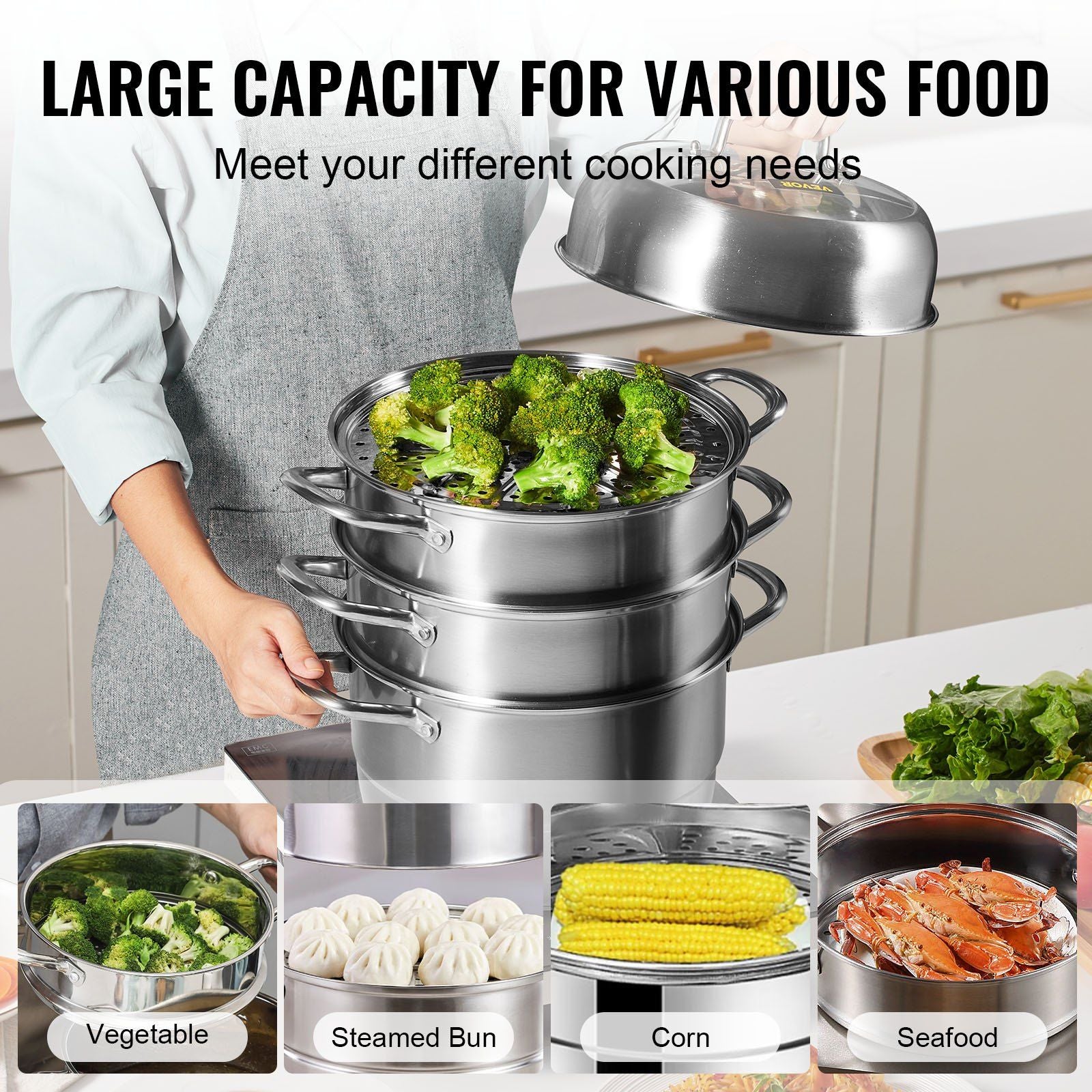 VEVOR Dumpling Steamer Stainless Steel 5 Titer for for Cook Soup, Noodles, Fishes Work with Gas Electric Grill Stove Top, Dia 30cm/11.8inch, Pot - Discount Msrp 